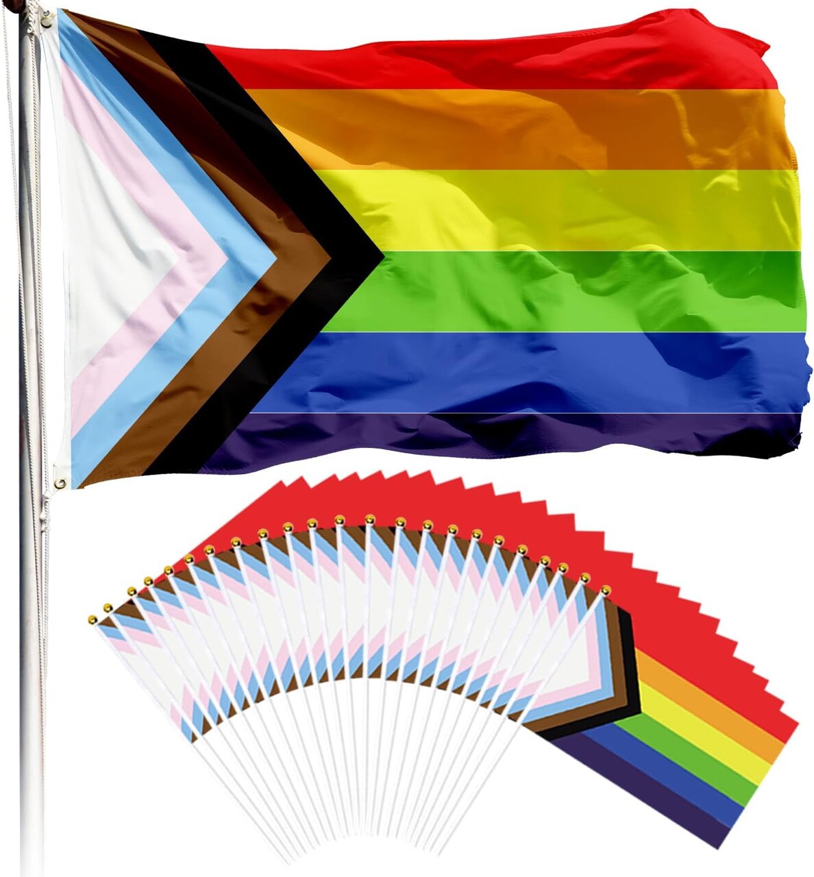 Progress Pride Rainbow Flag 3x5 Ft with Brass Grommets and 40 Pack Small LGBTQ Hand Held Mini Stick Flags, Pride Month Gay Decorations Parade Accessories
